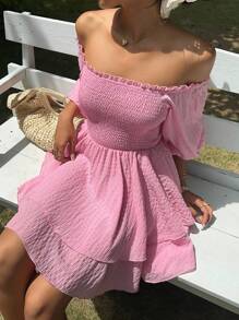 Sunnyshic 女士夏季纯色纹理泡泡袖露肩束腰连衣裙 - 粉色 - 查看 6
