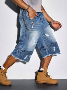 ROMWE MEN Street Life Men's Casual Washed Distressed Frayed Hem Denim Shorts - Blue - View 6