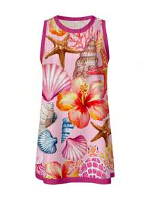 SHEIN EZwear 女士拼色装饰海星和海龟印花休闲海滩度假圆领无袖迷你连衣裙，适合夏季 - 彩色 - 查看 4