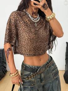 Coolane Tricou scurt transparent cu imprimeu leopard pentru femei, cu model de concerte de vară, rave, festivaluri, ieșiri în oraș, târg renascentist, Y2K