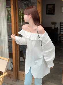 DAZY Damen Off-Shoulder Rüschen Lässig Einfarbig Frisch Koreanischer Stil Langarm Bluse, Herbstmode für Frauen - Weiss - Übersicht 3