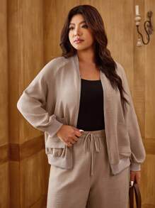 SHEIN LUNE Conjunto informal de 2 piezas de talla grande: chaqueta de manga larga y pantalón de unicolor - Albaricoque - Ver 5
