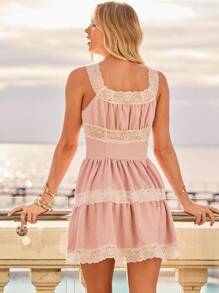 Aralina 夏季/秋季斯德哥尔摩风格波西米亚风飘逸撞色蕾丝花边细节 Y2K 乡村风格迷你连衣裙度假装 - 粉色 - 查看 2