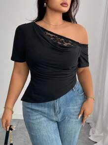 Elenzga Áo thun nữ cỡ lớn cổ bẻ bất đối xứng ren ghép thanh lịch - trắng - Xem 1