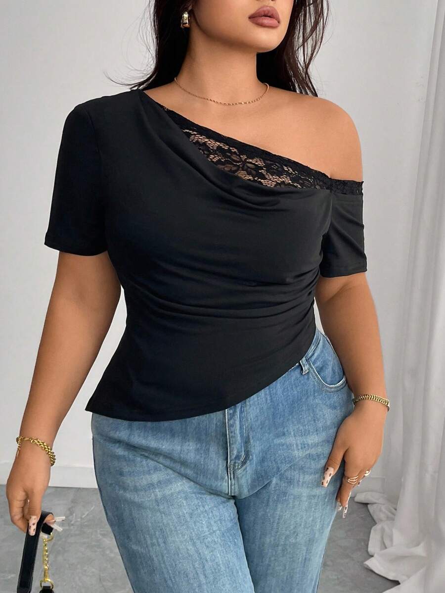 Elenzga Áo thun nữ cỡ lớn cổ bẻ bất đối xứng ren ghép thanh lịch - trắng - Xem 1