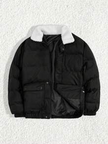 SHEIN Cottnline Men High Quality High Collar Velvet Fabric Regular Winter Coat - Black - View 1