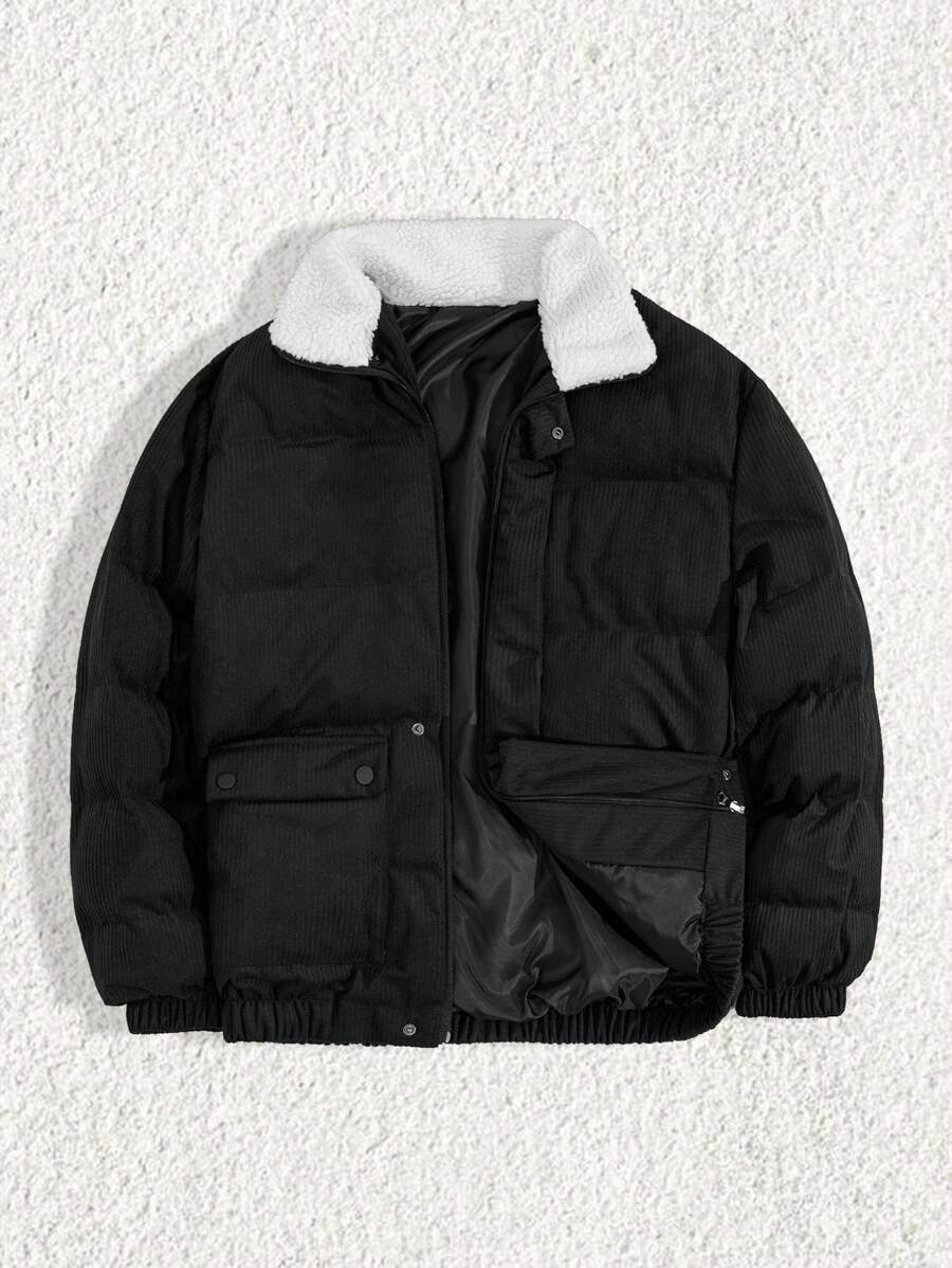 SHEIN Cottnline Men High Quality High Collar Velvet Fabric Regular Winter Coat - Black - View 1