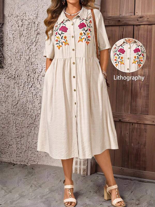 EMERY ROSE Vestido casual de línea A con manga corta y estampado floral con botones delanteros para mujer de talla grande