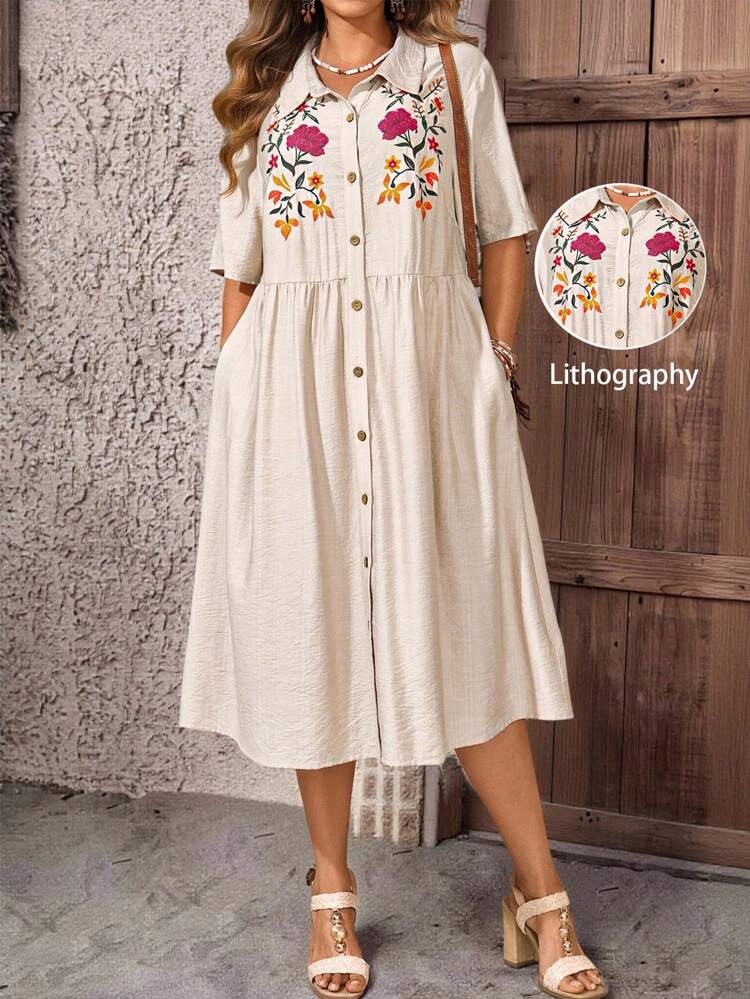 Plus Size Women Fashion Casual Floral Print Button Front Short Sleeve A-Line Dress,Country Casual Vacation Outfits Woman,Simple And Fashionable For Everyday Wear,Summer Tops Women,Summer Outfits For Women,Lithography Dress, Fall Women Clothes,Autumn,Fall Clothes,Flower/Spring