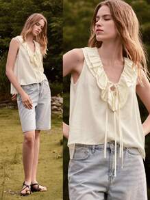 Lumivelle Elegant Flouncing Sleeveless Blouse, Solid Color, Summer - Apricot - View 1