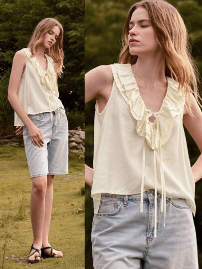 Lumivelle 优雅荷叶边无袖衬衫，纯色，夏季