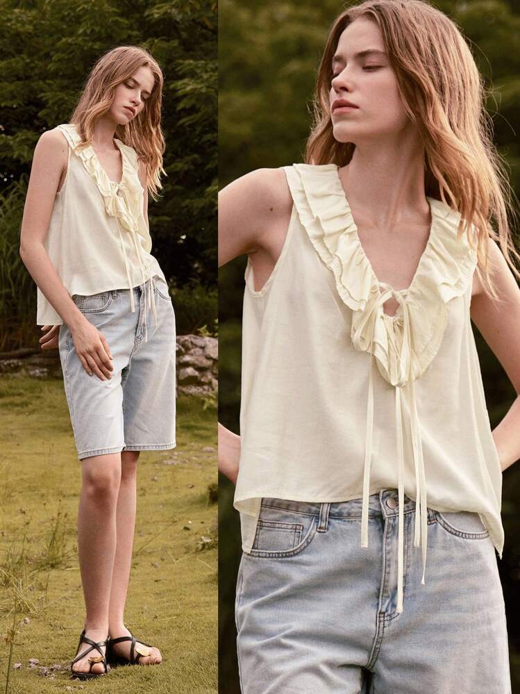 Lumivelle Áo cánh không tay bồng bềnh thanh lịch, màu trơn, mùa hè - Màu be - Xem 1