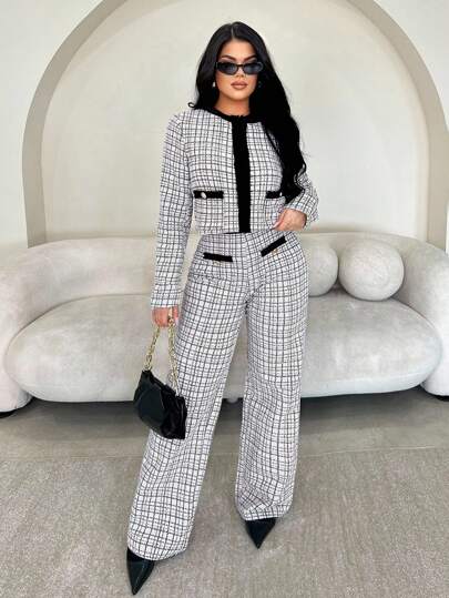 SHEIN SXY Women Minimalist Elegant Vintage Black&White Plaid Jacket, Casual/Work/Party/Formal Occasion Wear, Versatile Short Outerwear For Autumn/Winter,