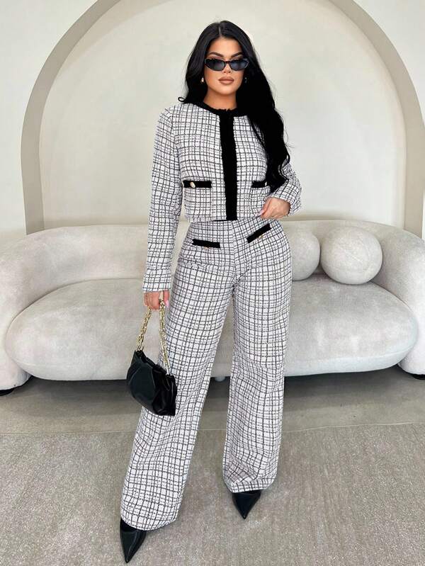 SHEIN SXY Chaqueta de mujer minimalista, elegante y vintage a cuadros en blanco y negro, adecuada para uso casual, trabajo, fiesta y ocasiones formales, una prenda versátil de exterior corta para otoño/invierno