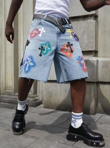 Street Life Men's Cross Print Rhinestone Embellished Denim Shorts - Blue - View 4