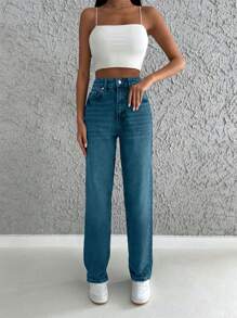 SHEIN Cottnline Solid Color Pockets Casual Straight Leg Jeans - Teal Blue - View 5