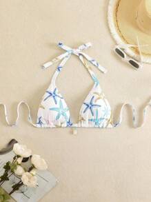 Swim Mod Plus Size Women Starfish Print Halter Neck Bikini Set With Shell Decor Swimsuit For Summer Beach Vacation - Multicolor - View 1