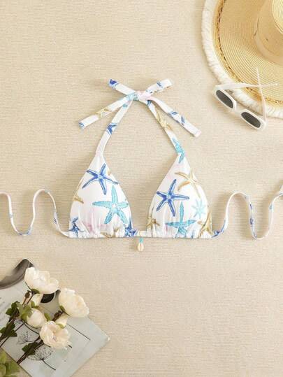 Swim Mod Plus Size Women Starfish Print Halter Neck Bikini Set With Shell Decor Swimsuit For Summer Beach Vacation