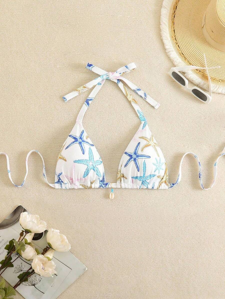 Swim Mod Plus Size Women Starfish Print Halter Neck Bikini Set With Shell Decor Swimsuit For Summer Beach Vacation - Multicolor - View 1
