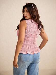 Elaquor 大码女式条纹褶饰下摆圆领吊带背心 - 紅色 - 查看 2