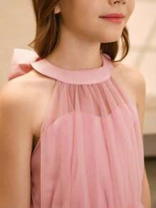 女童礼服公主风格无袖生日派对薄纱礼服，适合花童/婚礼/钢琴演奏会 - 粉色 - 查看 8