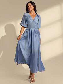 Almamuse 女式纯色褶皱优雅系腰摆连衣裙 - 藍色 - 查看 1