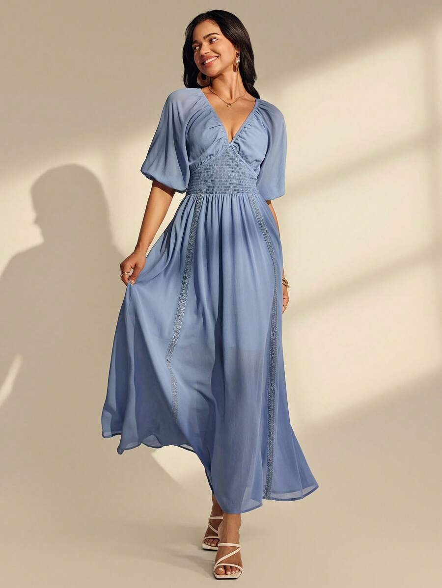 Almamuse 女式纯色褶皱优雅系腰摆连衣裙 - 藍色 - 查看 1