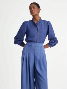 Daynim 女式长袖单排扣宽松休闲牛仔衬衫 - 中等水洗藍 - 查看 5