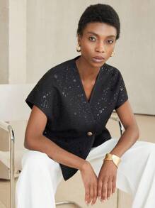 Aveloria Modichic Damen V-Ausschnitt Jacke aus paillettenbesetztem Tweed mit asymmetrischem Schnitt, leichte Blazerjacke - Schwarz - Übersicht 4