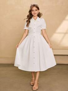 Completo elegante da ragazza composto da blusa con collo alla polo, maniche corte, monocolore, spalle scoperte e gonna midi a-line in tinta unita, outfit formale per il ritorno a scuola