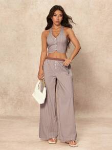 SHEIN PETITE Bộ 2 món/Bộ áo yếm không tay kẻ sọc cho nữ và quần ống rộng - Nhiều màu - Xem 6