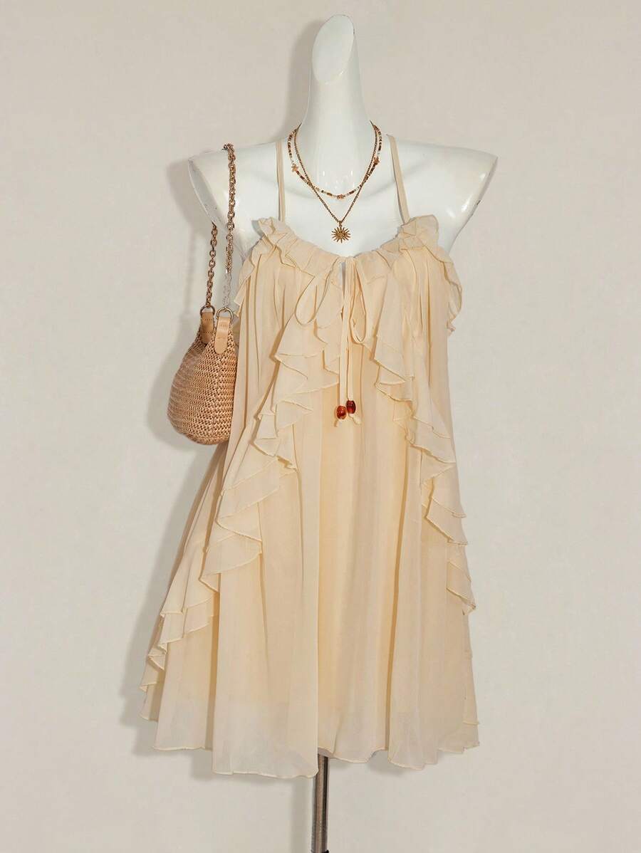 SHEIN ICON Exclusive Ruffled Hem Mini Dress For Young Ladies - Beige - View 1