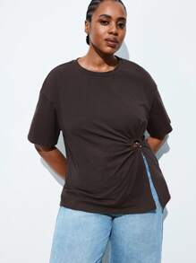 Maija Plus Size Women's Cotton Round Neck Short Sleeve T-Shirt, With Metal Ring Design On Front Waist, Business Casual Basic Top,For Vintage Women Old Money Teacher For Women Romantic, Fashion, Versatile Summer Women Party Top Beach Holiday Vacation Going Out Graduation Elegant Women's Blouses Casual Blouses Formal Attire Work Office For Women - Brown - View 4