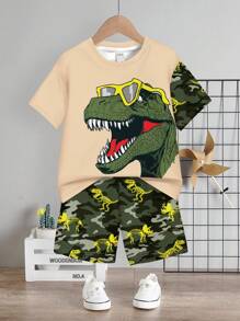 SHEIN 2 件套男童休闲简约圆领短袖上衣和短裤套装，适合夏季 - 彩色 - 查看 3