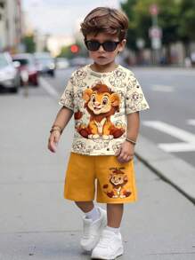 SHEIN 2pcs/Set Young Boy Casual Simple Cartoon Lion Print Round Neck Short Sleeve T-Shirt & Shorts, Suitable For Summer - Multicolor - View 2