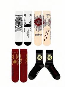HARRY POTTER X SHEIN 4 Paar weiche und atmungsaktive, feuchtigkeitsableitende Lässig Herren Crew Socken mit modischen schwarz-weißen Crew Socken, verstärkte Zehenpartie und Ferse für Haltbarkeit, Unisex für Herren und Damen, Ganzjahresmodell, alles passend