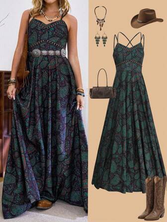 LanaWest Vestido largo tipo maxivestido de estilo bohemio vacacional con estampado exótico para mujeres