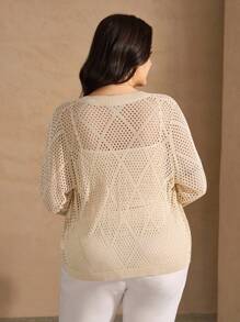 SHEIN Clasi Plus Size Women Knitted Cardigan, Short Style, Long Sleeve, Diamond Pattern, Versatile, Beige Color, Autumn Plus Size Summer Cardigan Plus Size Knitted Cardigan - Khaki - View 2