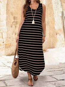 Breezaya Plus Size Casual Striped Sleeveless Split Hem Dress, Summer Maxi Women Outfit - Multicolor - View 7