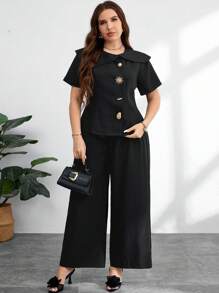 Modelyn 大码女式优雅金属装饰时尚短袖西装外套 - 黑色 - 查看 1