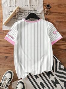 Muchica Áo thun tay ngắn cổ tròn in họa tiết sọc thể thao màu hồng chữ cái tiếng Anh đơn giản, thoải mái dành cho nữ, phù hợp cho mùa hè, mùa thể thao, phong cách đại học, phong cách học sinh, phong cách quý tộc - Nhiều màu - Xem 2