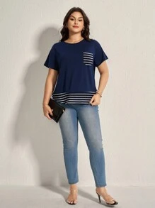 SHEIN LUNE Camiseta informal de verano de estilo occidental, bohemio y de los 90 para mujer, con tallas grandes, en diseño de parches a rayas y en contraste de color, con bolsillo decorativo, para salir