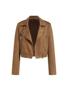 Ellevyn Women Fashion Lapel Collar Zipper Suede Fleece Short Jacket, Autumn Fall Women Clothes  Jacket - Khaki - View 6