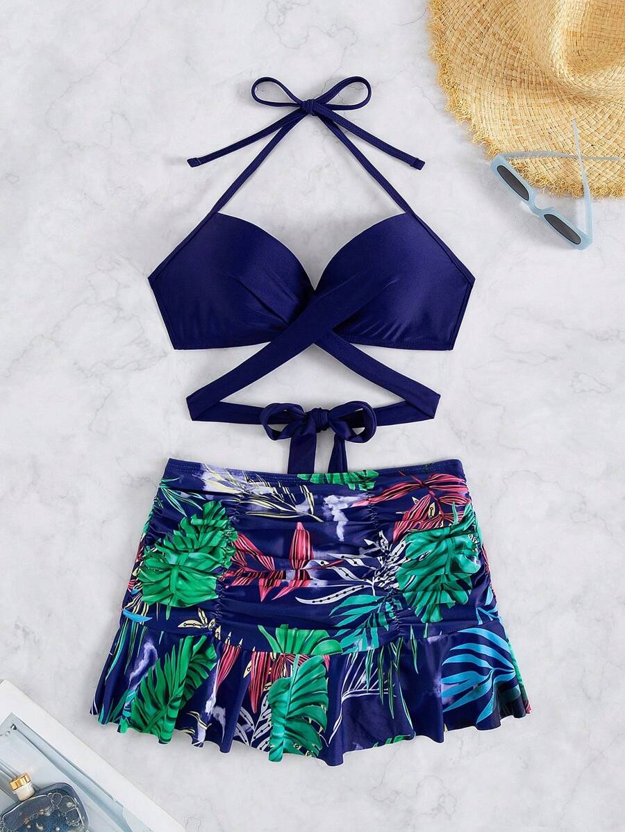 SHEIN Swim 隨機印花墊高式坦克比基尼泳衣，附鋼圈與開口下擺，適合夏季海灘度假 - 藏蓝色 - 查看 1
