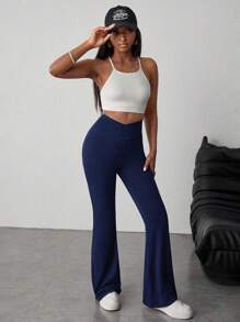 SHEIN Tonårsflickor Marinblå Enkla Enfärgade Högmidjade Utsvängda Byxor, Lämpliga För Hemma, Vardagskläder, Utomhussporter - Marinblå - Visa 4