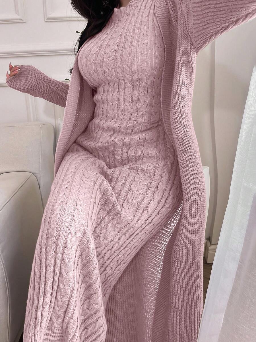 Feyla 2pcs/Set Women Elegant Solid Color Stand Collar Cable Sleeveless Dress And Long Sleeve Cardigan Set 2 Pieces Set In Fall/Winter - Pink - View 1