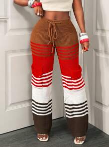 BamGleam Casual Fashionable Pockets & Drawstring Design Women Sweater Pants Striped Design - Orange - View 1