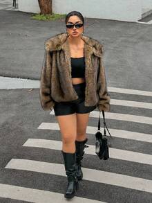 Muchica Plus Size Casual Turndown Collar Open Front Faux Fur Coat Winter Fall Autumn - Brown - View 4