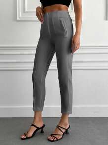 EURMUSE Frenchy Solid Colored Pleated Tapered Pants - Grey - View 4