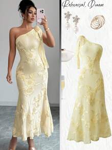 Elenzga 提花针织透视性感不对称领口交叉紧身鱼尾连衣裙 - 杏色 - 查看 1